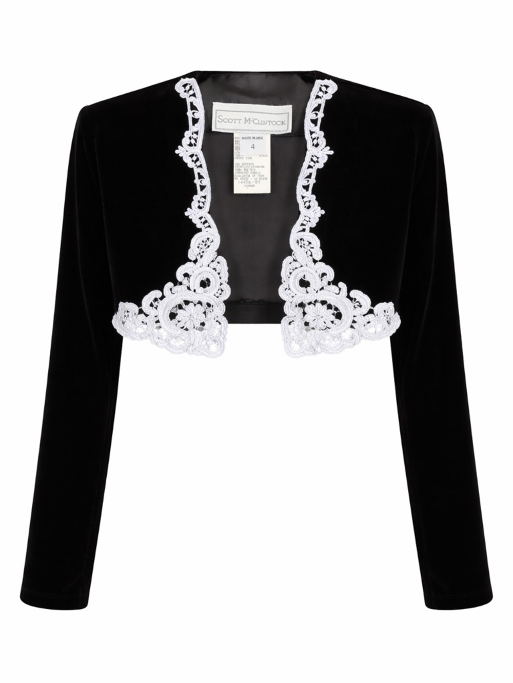 Scott McClintock Black Velvet Bolero Jacket White Lace Trim Cropped 4